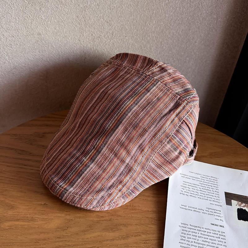 Brimmed Short Retro Beret With Stripe Design For Spring Summer Accessory Fashion