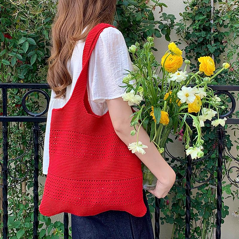 Summer New Simple Style Mesh Handbag Shopping Beach Bag Knit Shoulder Bag Women's Hollow Out Large Capacity Totes AVE