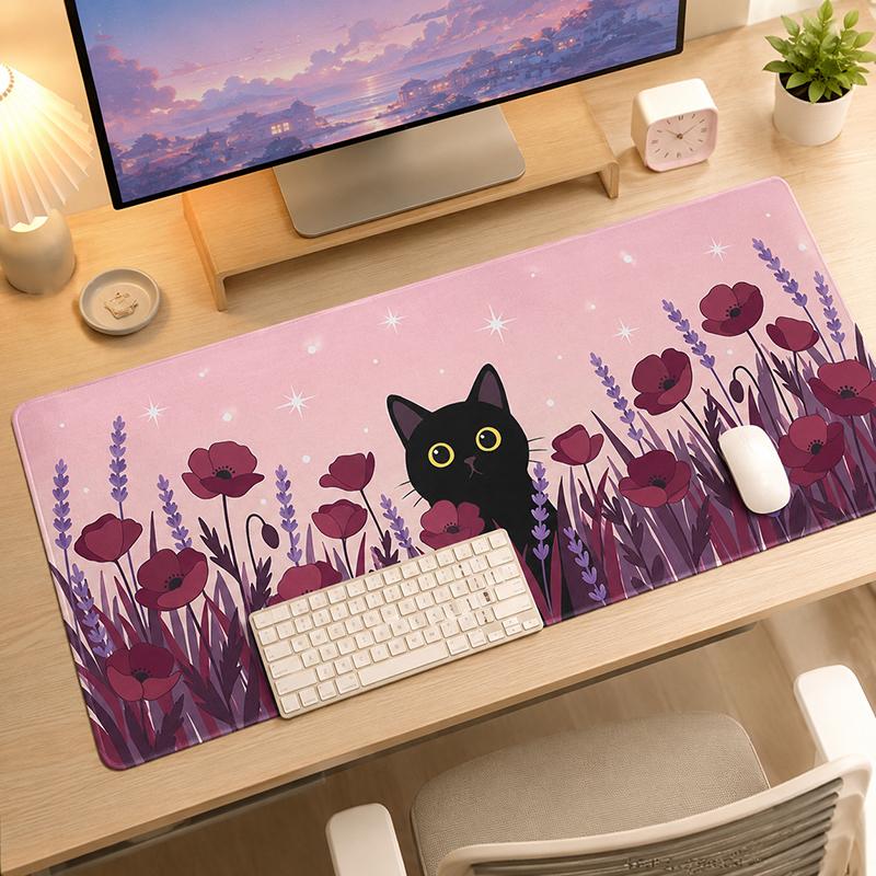 Mouse Pad Black Cat Pink Flower Field Gamer printon demand Large HD Mousepad XXL MousePads Carpet Non-Slip Office PC Table Mat