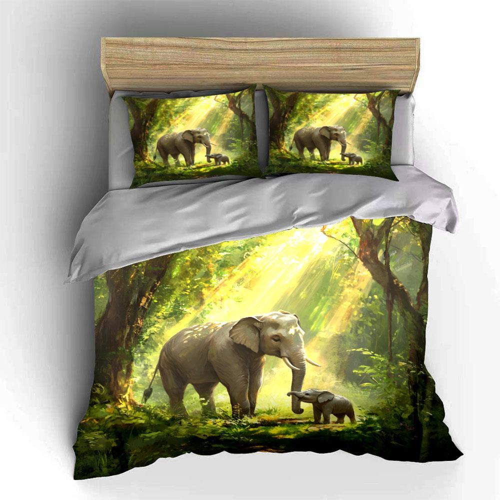 Elefantenmutter und Kalb im sonnenbeschienenen Wald Druck Bettwäsche-Set 1 Bettbezug 2 Kissenbezüge für Erwachsene Kinder Luxuriöses Geschenk Vollgröße