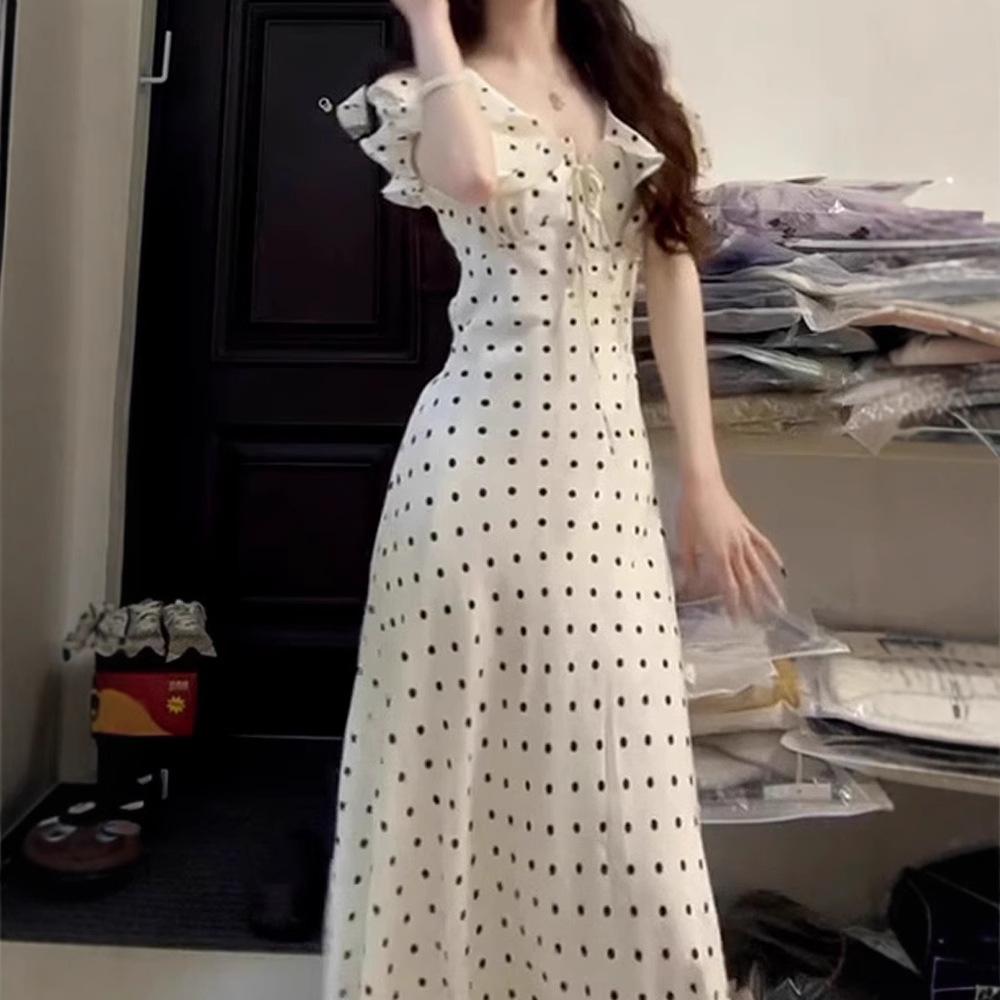 

French ruffle leaf edge polka dot bubble sleeve dress, new femininity seaside vacation dress in summer S белый