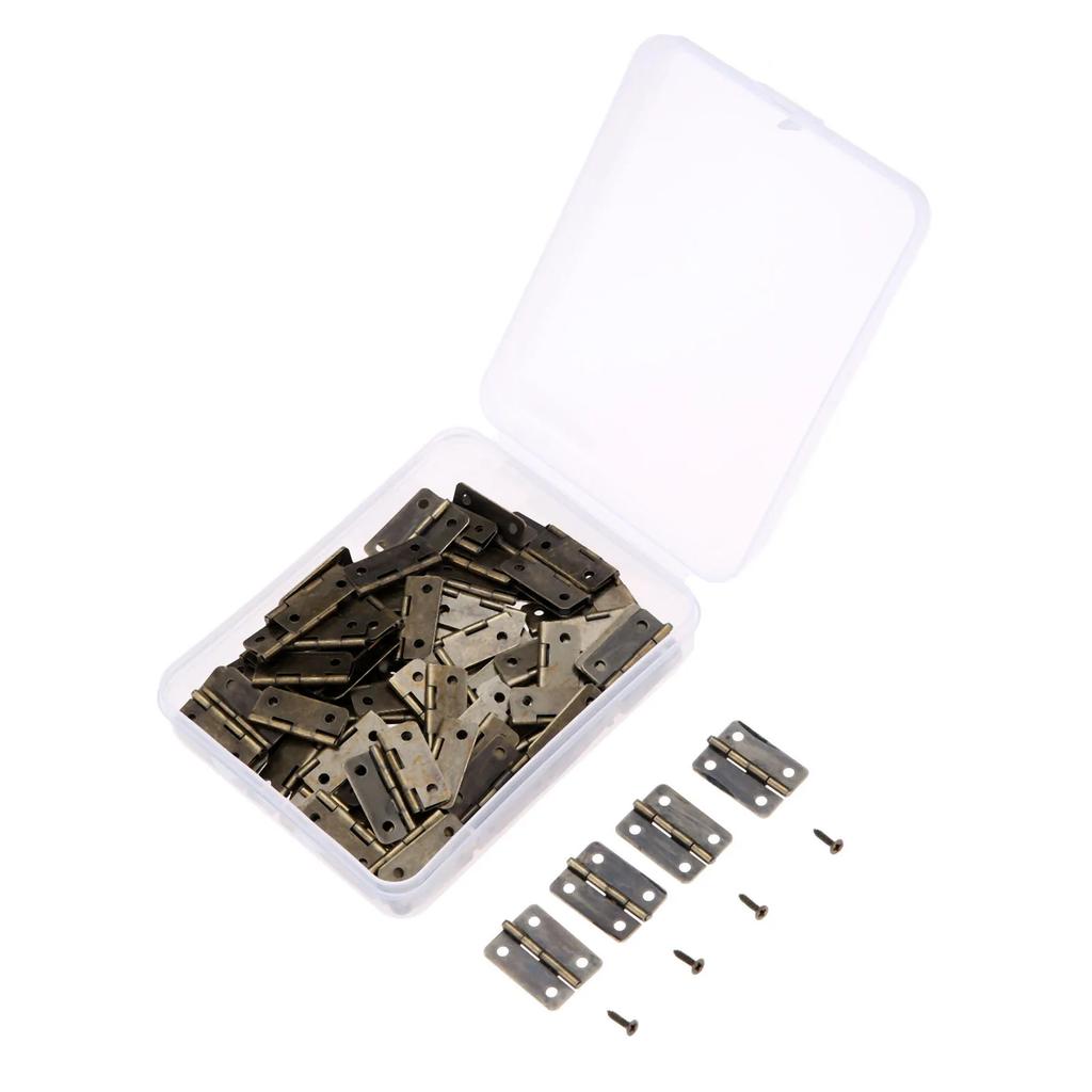 50Pcs 25*18mm Iron Jewelry Wood Boxes Cabinet Door Furniture Hinges Set Mini Decorative Hinge with Storage Box & 200Pcs Screws