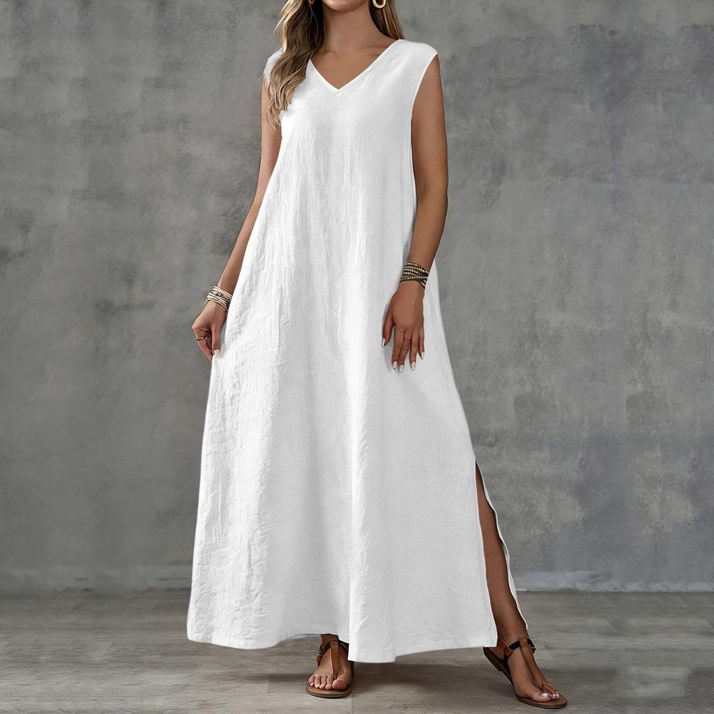 Women's navy blue V-neck sleeveless long dress loose side split texture breathable vacation style solid color casual long even