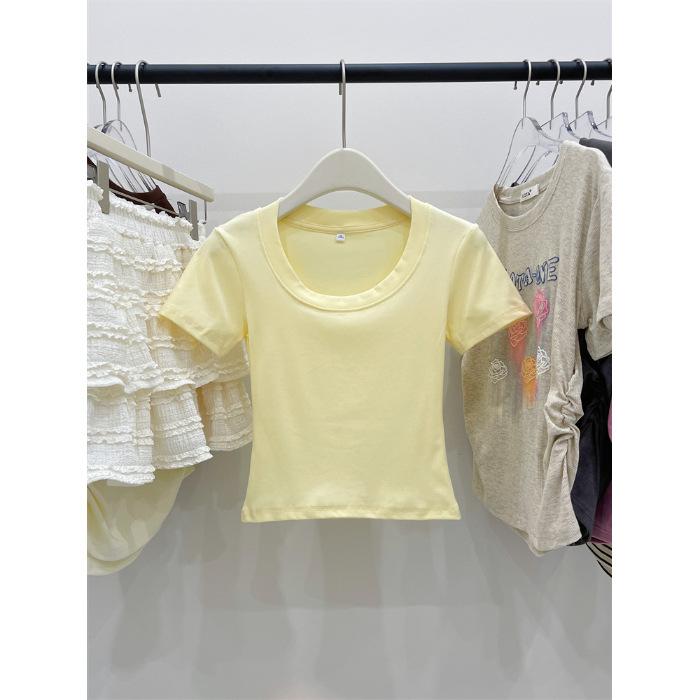 Special Korean Casual Versatile Solid Color U-Neck Clavicle Short Top Women's Summer Inner Spice Girls Small Short Sleeve T-Shirt