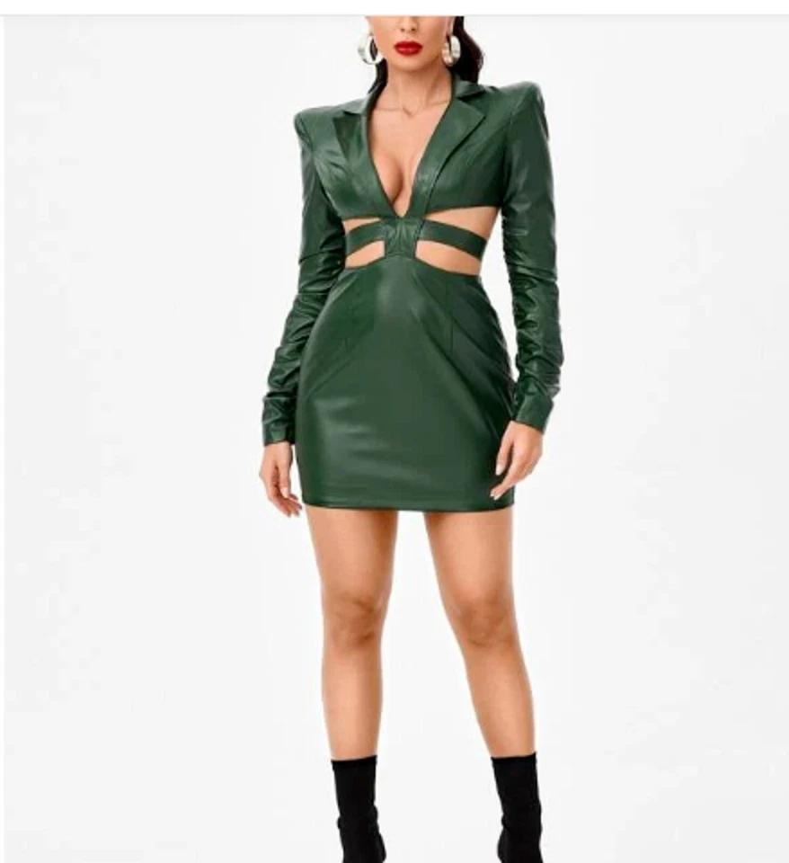 Designer Party Wear Women Green Dress New 100% Genuine Leather Stylish Wear Lambskin