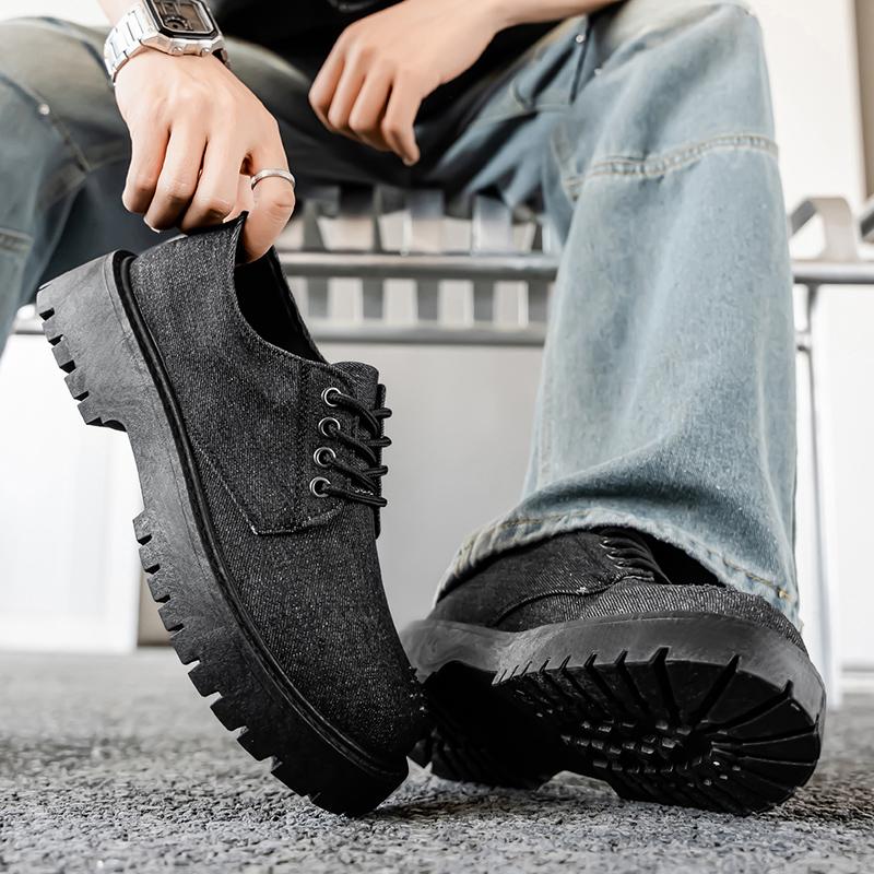 Fashion Men Black Canvas Thick Soled Oxford Shoes Lace Up Thick Soled Casual Shoes Retro Streetwear Style Designer Shoes 2025 Slippers