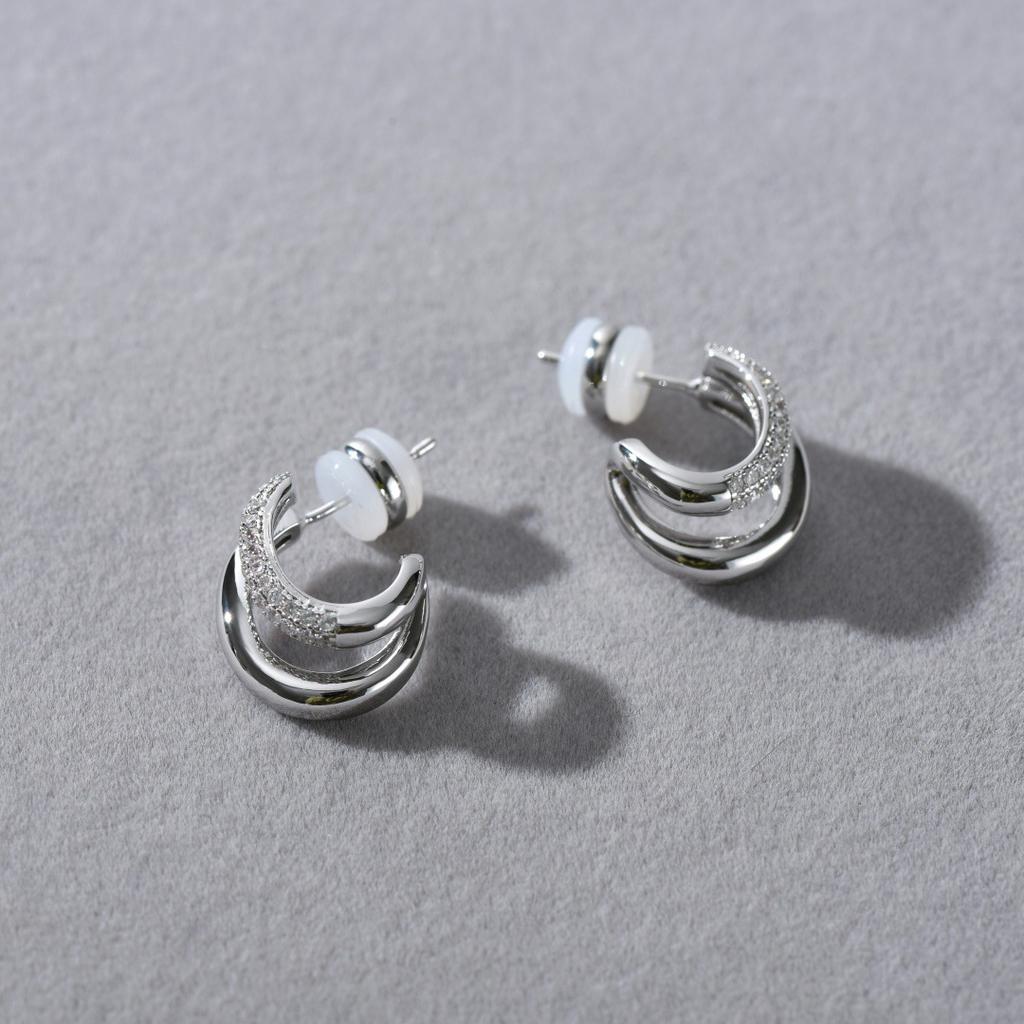 Premium Metal Inlaid Zircon Irregular Double-Layer Design Earrings S925 Silver Needle Stud Earrings Trendy Temperament Earrings