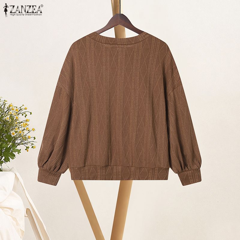 ZANZEA Women Casual Round Neck Long Sleeve Loose Pullover Blouse