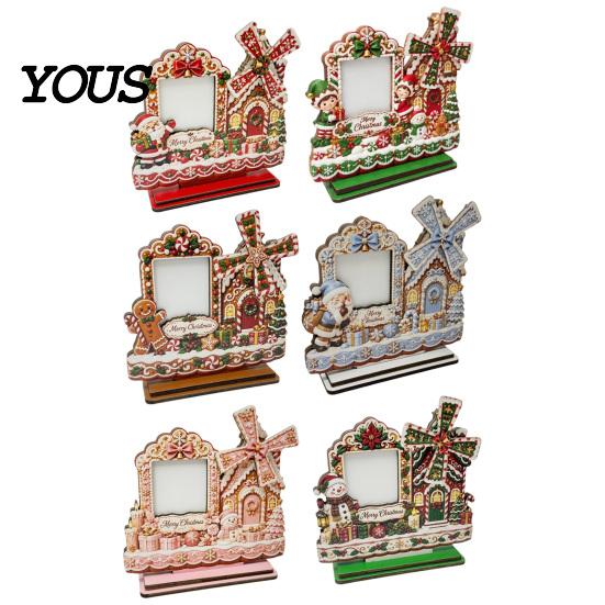 Christmas Photo Frame 2D Gingerbread House Wooden Frame, Spinning Windmill Picture Xmas Cottage Ornament Desktop Holder for Home Fireplace Table Decor