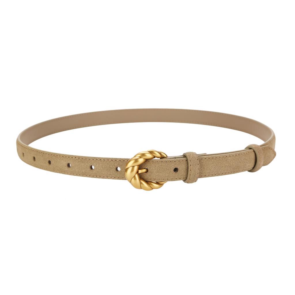 Genuine Leather Suede Women Belt Fashion Skinny Waistband Retro Gold Buckle Brown Belts for Jeans Pants and Dresses