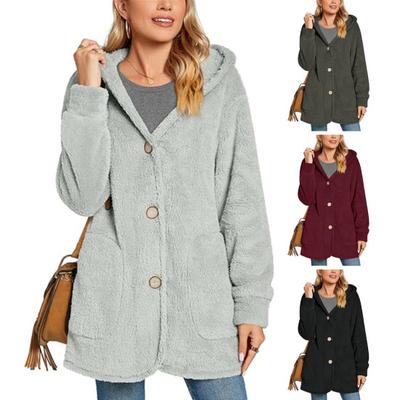 Φλις Μπουφάν για Γυναίκες Oversized Κουμπωτό Χνουδωτό Παλτό με Κουκούλα Casual Μακρύ Sherpa Εξωτερικό Ρούχο με Τσέπες