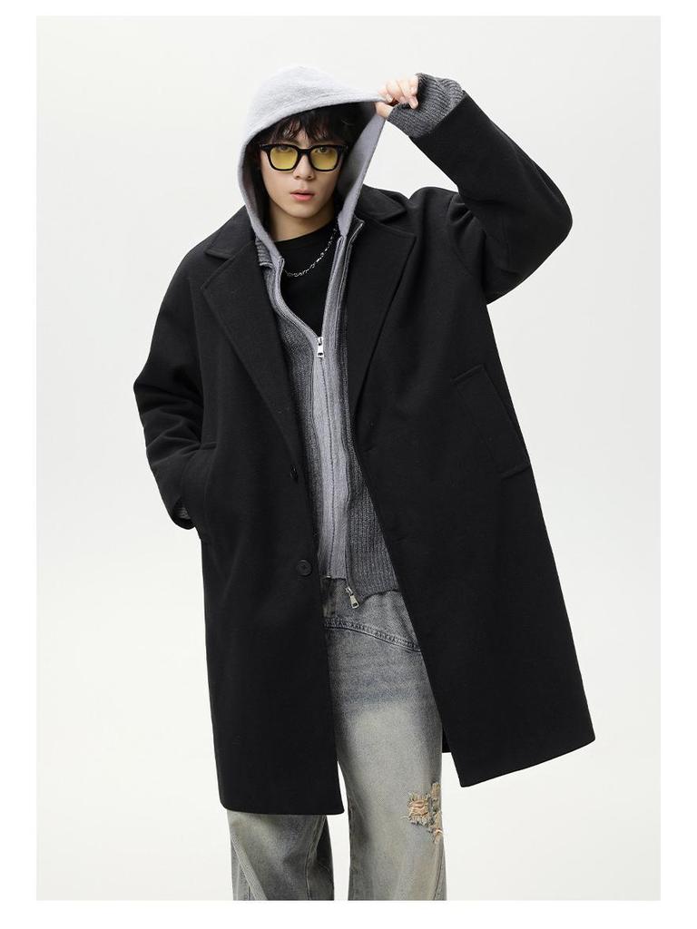 Men's Mid-Length Wool Coat - Dragon & Phoenix Design, Autumn/Winter Korean Style, Thick Windbreaker, Loose Fit, Trendy Brand Lapel Jacket.