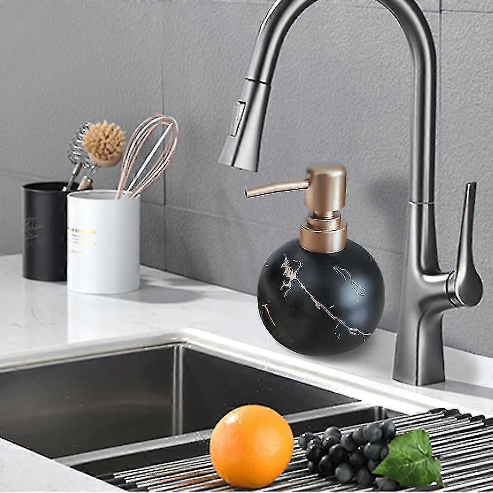 Gold Soap Dispenser For Bathroom Or Kitchen, Cute Marble Round Ceramic Lotion Bottle, Rust-free Pump - Chuan