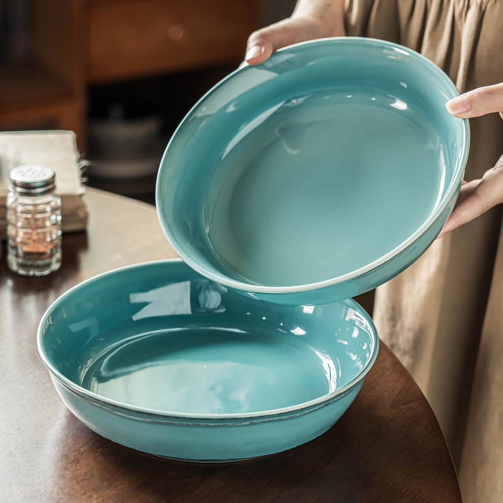 Big Bowl Retro Style Blue Ceramic Bowl Tableware Round Bowl Household Dish Bowl Fruit Salad Bowl Creative Soup Bowl