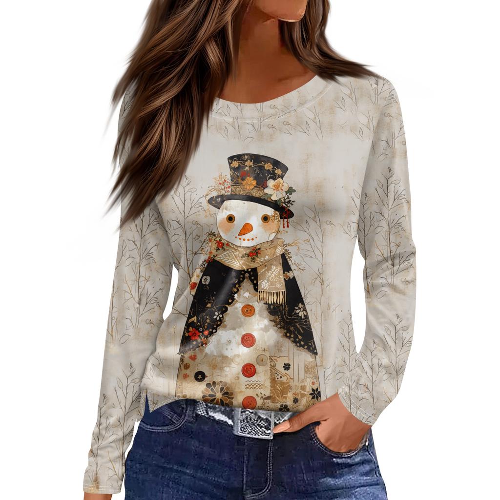 Women's Fashion Casual Slit Hem Round Neck Long Sleeve Loose Printed T-Shirt Top