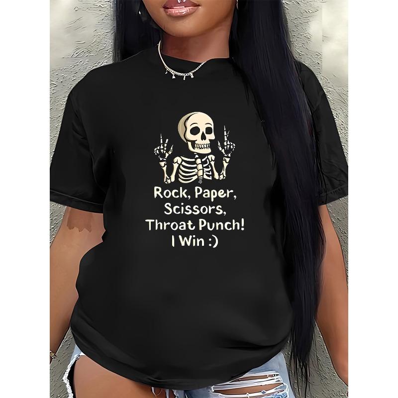 European sizes A Black Short-Sleeve T-Shirt Made of Featuring a Skeleton Graphic And a Humorous Rock-Paper-Scissors Throat Punch Design 4XL чёрный