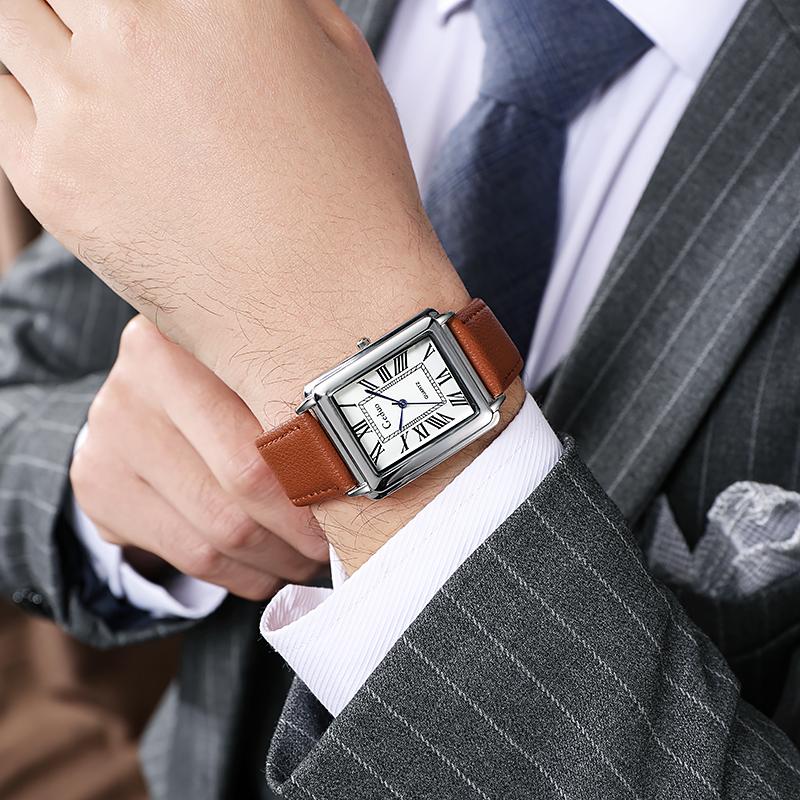 Herren Retro Quadratische Quarz Uhr, Römische Ziffern Lederarmband Armbanduhr für Business Casual