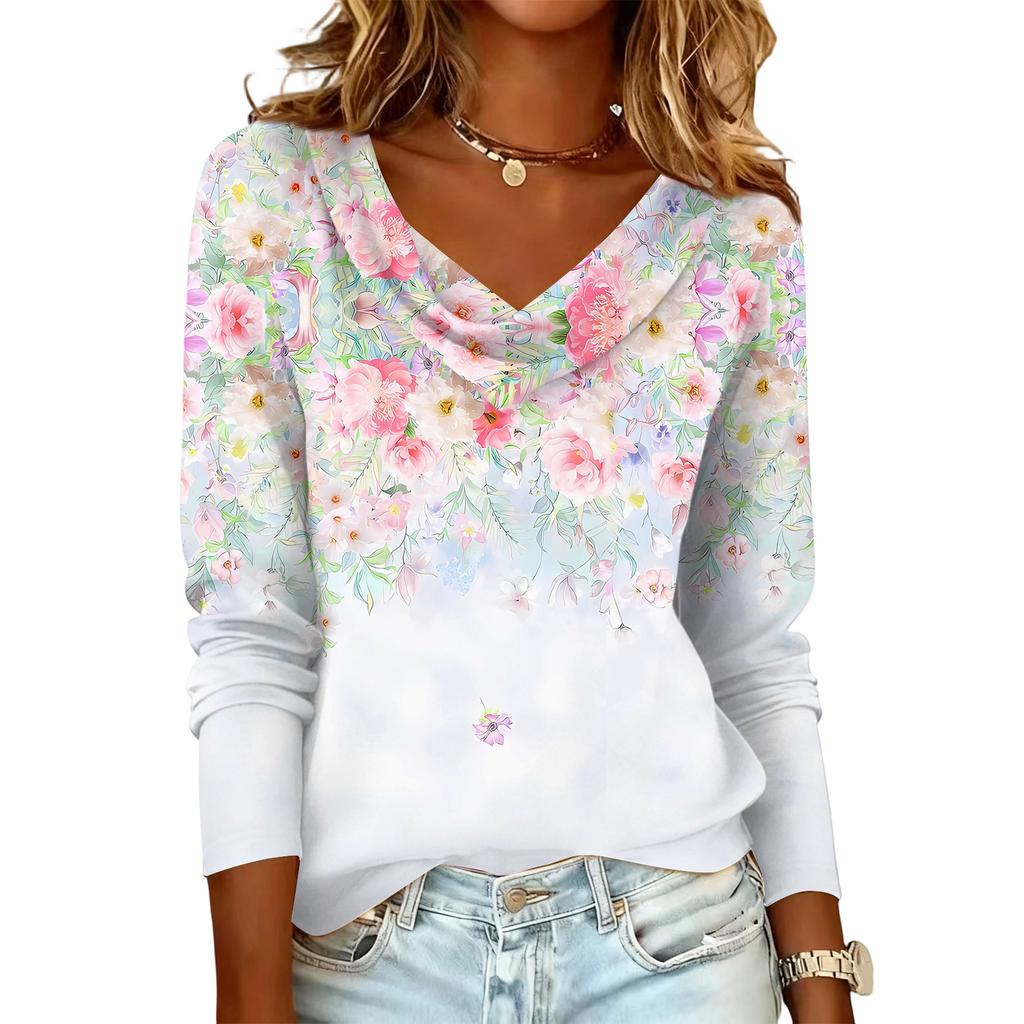 Ladies' Floral Printed Casual And Fashionable Long Sleeved Pullover Top