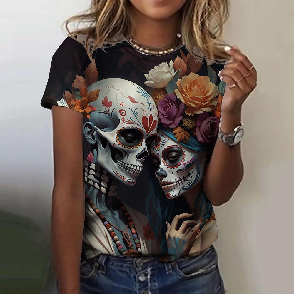 Summer Round Neck 3D Skull Print Top Fashionable Casual Short Sleeved Women's T-shirts