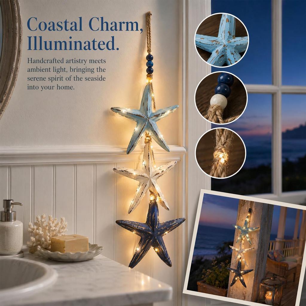 Lighted Wooden Fish Starfish Wall Hanging Decor with Warm LED Lights Coastal Nautical Beach Theme Wall Art for Bathroom Porch Beach House