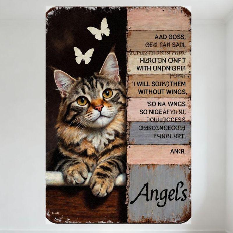

Whimsical Cat Butterflies Angels Metal Sign Decorative Split Design with Reversed Text, Rustic Wall Art for Home Cafe Bar 8x12 I 20x30cm（7.8x11.8inch）