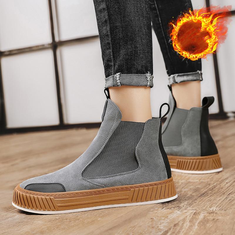 Hot Sale Black Plush Men's Winter Shoes Designer Suede Chelsea Boots Men Slip On Platform Men Boots Casual High top Ankle Shoes