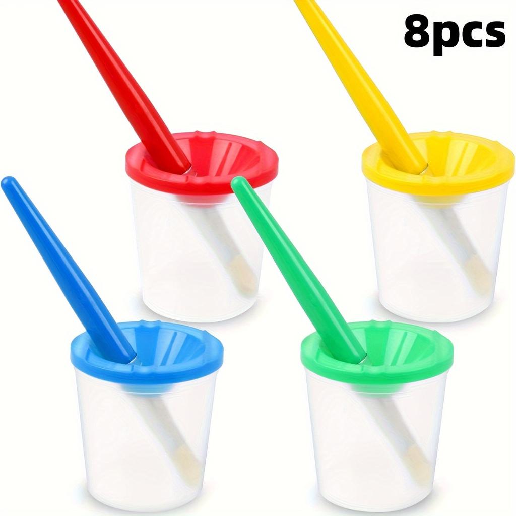 Spill-Proof Paint Cups with Lids and 4 Round Brushes, Multi-Color Plastic for DIY Painting Crafts