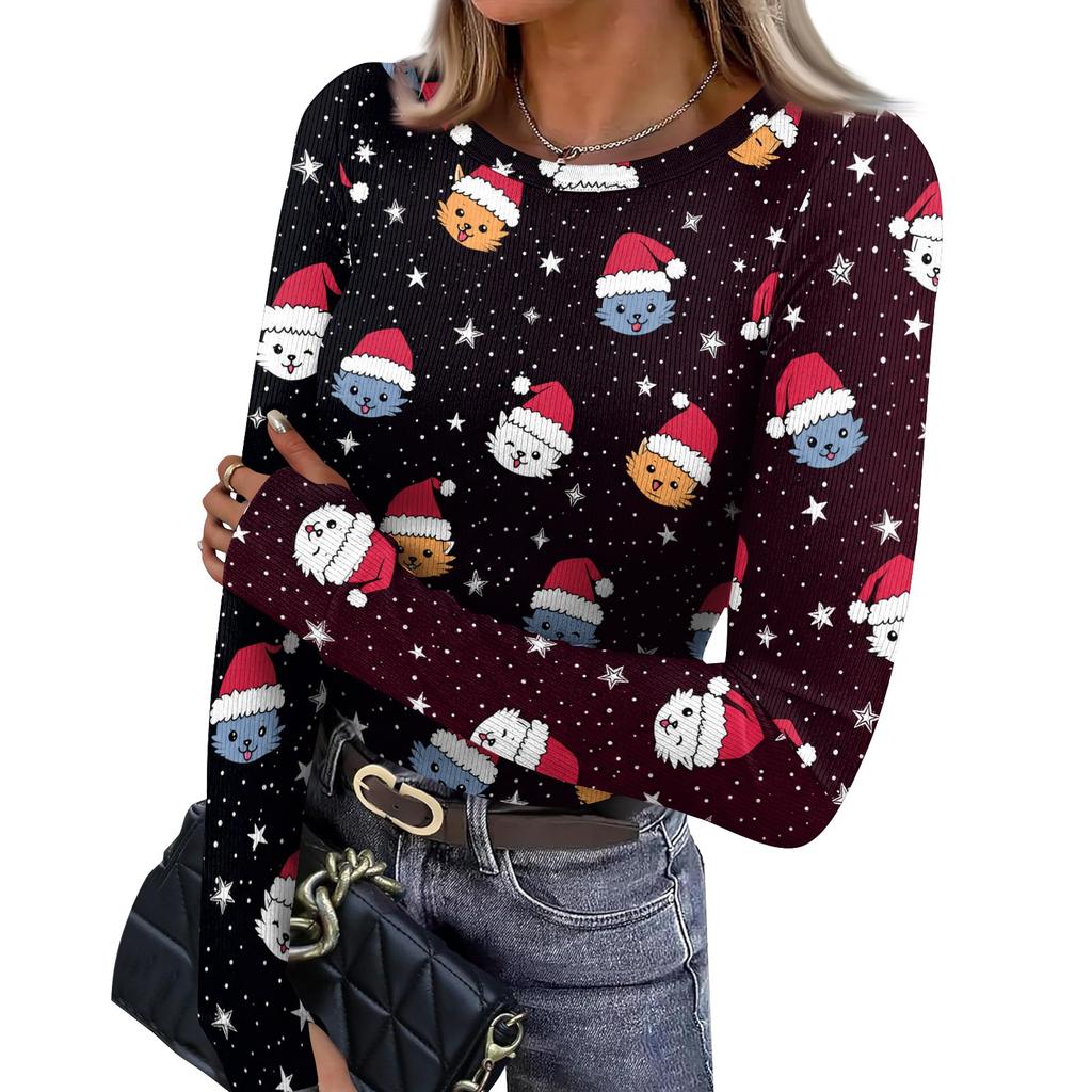 Women's Slim Fit Long Sleeve Base Layer T-Shirt with Christmas Print, Neck Pullover Top with Thumb Holes