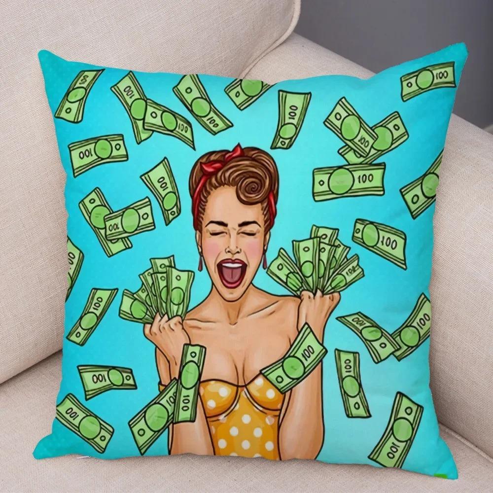 Home Decor Pop Art Style Women With Money Pillow Pattern Cushion Cover Suitable For Sofa Bedroom Car Pillow Cover