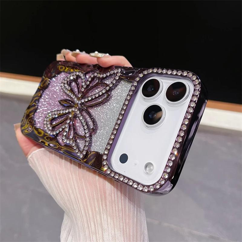For iPhone 17 Pro Max Luxury Plating Frame Flash Diamond Butterfly Phone Case For iPhone 11 12 13 14 15 16 17 Protective Glitter  Cover