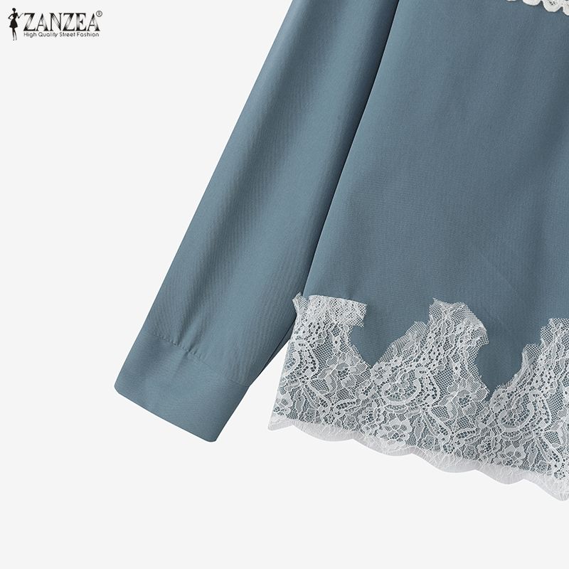 ZANZEA Women Casual Round Neck Loose Lace Splice Loose Blouse