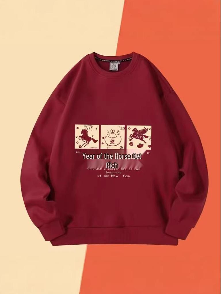 Felpa con cappuccio unisex in velluto rosso vino Anno del Cavallo: Stile Cinese Autunno/Inverno Ispirato allo Zodiaco