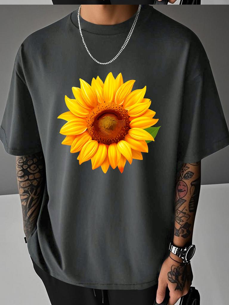 Unisex White Tee Vivid Realistic Yellow Sunflower Leaf Graphic Crew Neck Loose Casual Male Daily Summer Fashion Tops