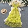 French gentle wind bubble sleeves floral dress women's summer square collar high waist A character temperament cake dress looks thin