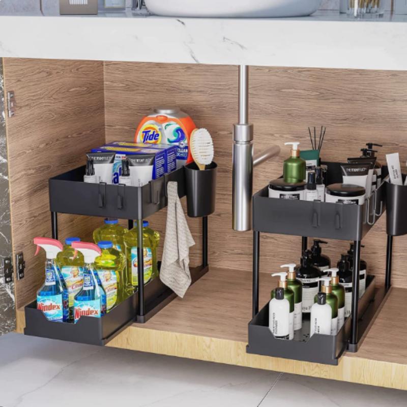 Новая двухуровневая выдвижная полка для раковины, выдвижная корзина для шкафа, полка для хранения, подвесная полка для чашек, полка для ванной комнаты, кухни Black