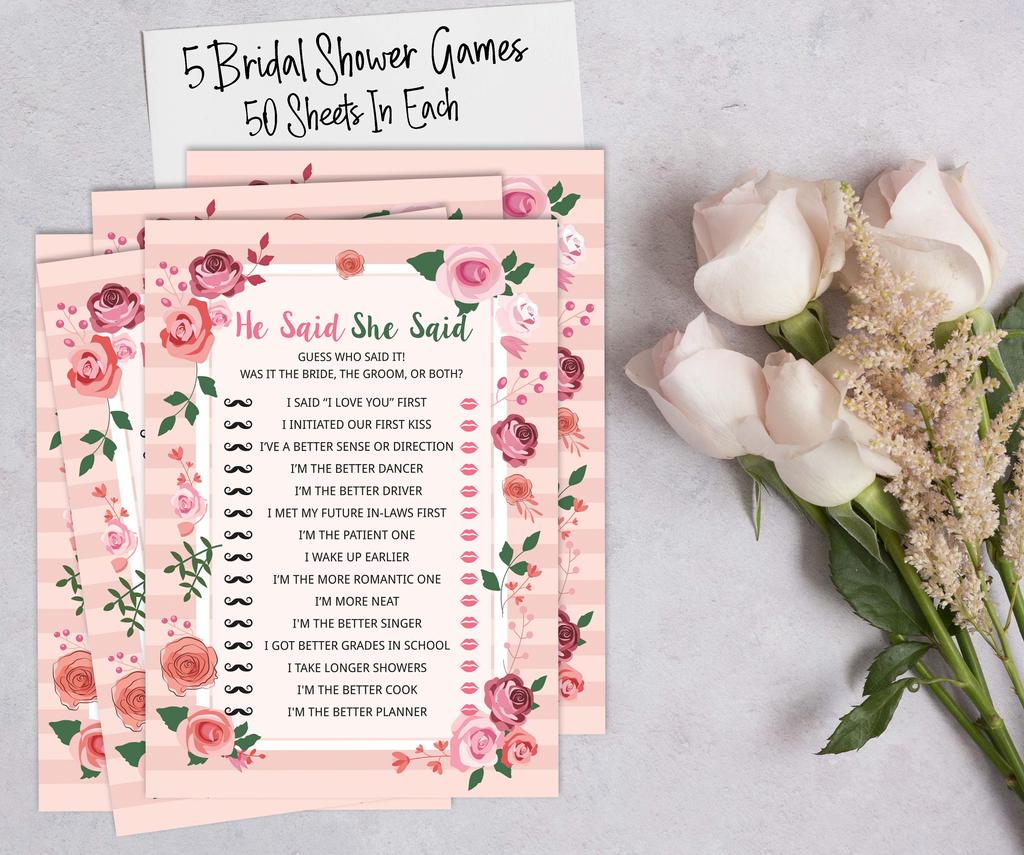 Inkdotpot Floral Theme Bachelorette Party Games Set Bundle of 5 (Activities for 50 Guests) Fun Bridal Shower Games Set