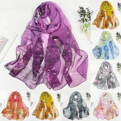 Portable Embroidered Silk Scarf Breathable Sun-Resistant Beach Shawl Silk Smooth Bandana for Women