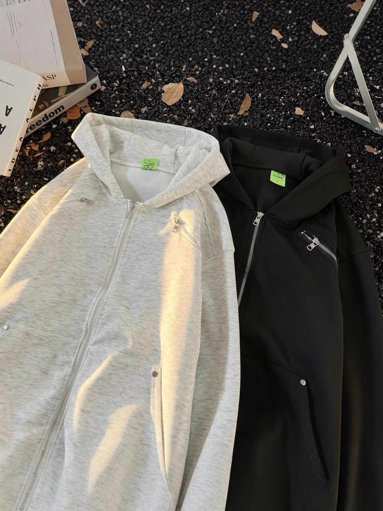 Unisex Spring Shoulder Padded Jacket: High Street Cool, Zipper Accents, Fashion Hoodie Cardigan