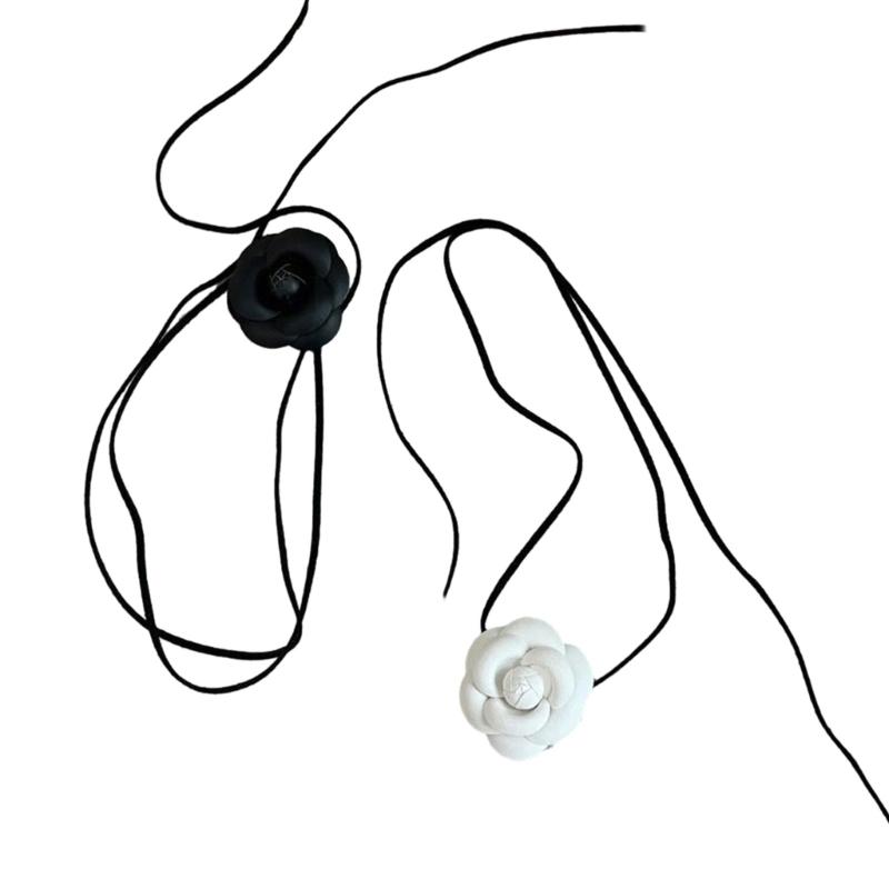 Elegant Sweet Camellia Choker Neckband Flower Collar Necklace Vintage Choker Long Lace Up Necklace Fashion Jewelry