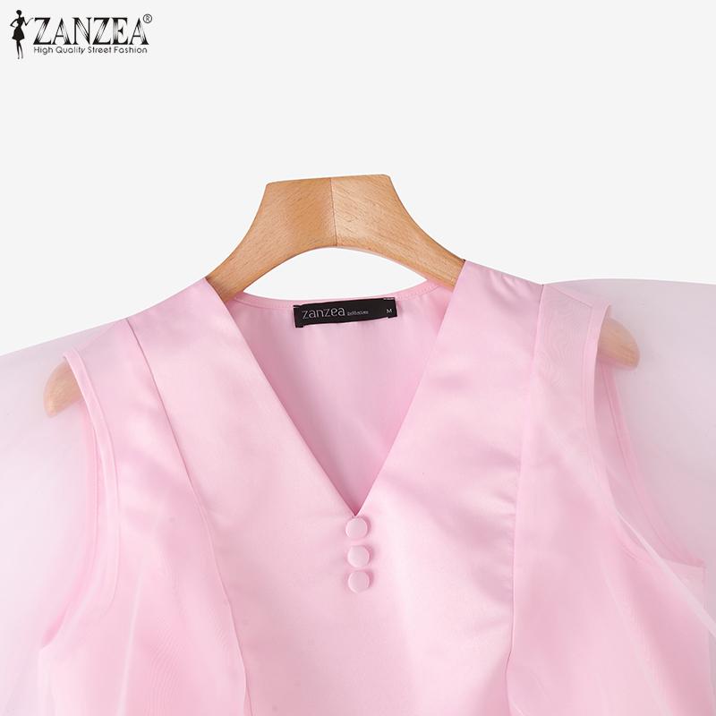 ZANZEA Damen Lässig Mesh-Einsatz Rüschenärmel Sommer V-Ausschnitt Bluse