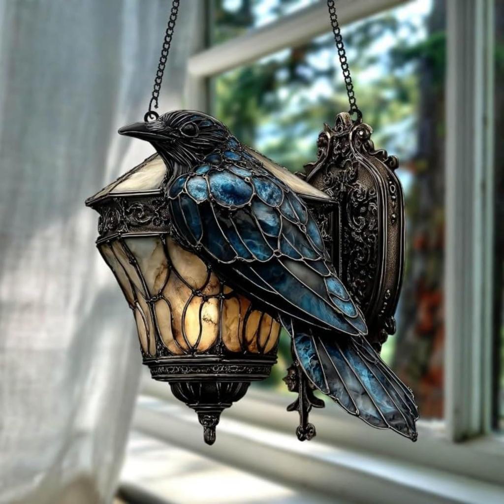 Gothic Raven Decor Decorative Acrylic Sun Catcher Faux Stained Glass Window Hanging Exquisite Halloween Crow Decor For Study