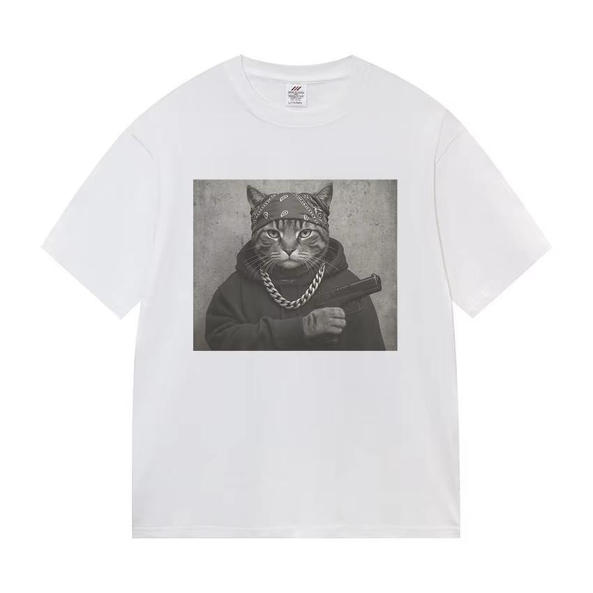 Funny Cat Graphic Print T Shirt Gang Cat Cool Hip Hop Short Sleeve Tshirts Mens Vintage High Quality Oversized Cotton Tees Top