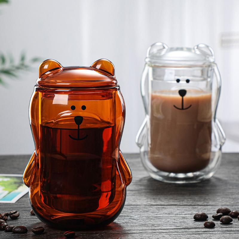 300ml Kreativer Bär Doppelbecher Personalisierte Kaffeetasse mit Deckel Transparente Glas Kaffeetasse Niedliche Cartoon Bernstein Bär Tassen