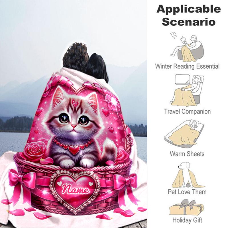 1PC Custom Name Pink Heart Basket Kitten Flannel Blankets Patterns Throw Blanket All-Season Soft Gift for Couch, Bed, Camping Gifts
