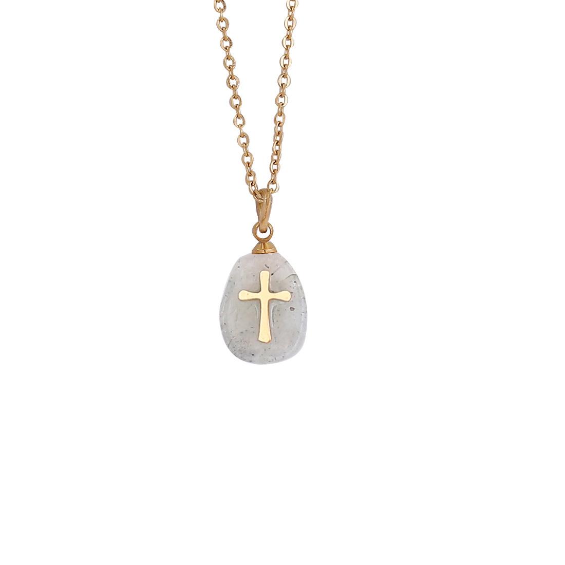

European American Style Natural Stone Cross Pendant Necklace Minimalist Clavicle Chain Stainless Steel Jewelry For Ladies