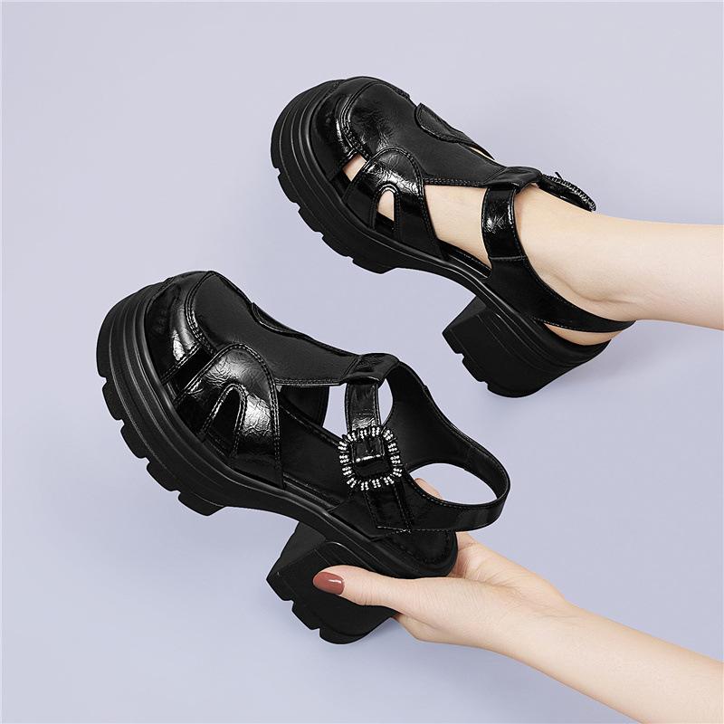 Roman hollow black sandals heightened thick-soled cm outer wear bag head single shoes foreign fashion casual explosive women's shoes