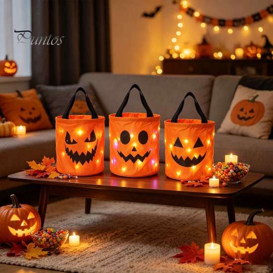 Outdoor Night Safety Props LED Light Up Halloween Bucket, Glow In The Dark Trick or Treat Candy Collapsible Decorative Pails Bag with Handle, Reusable