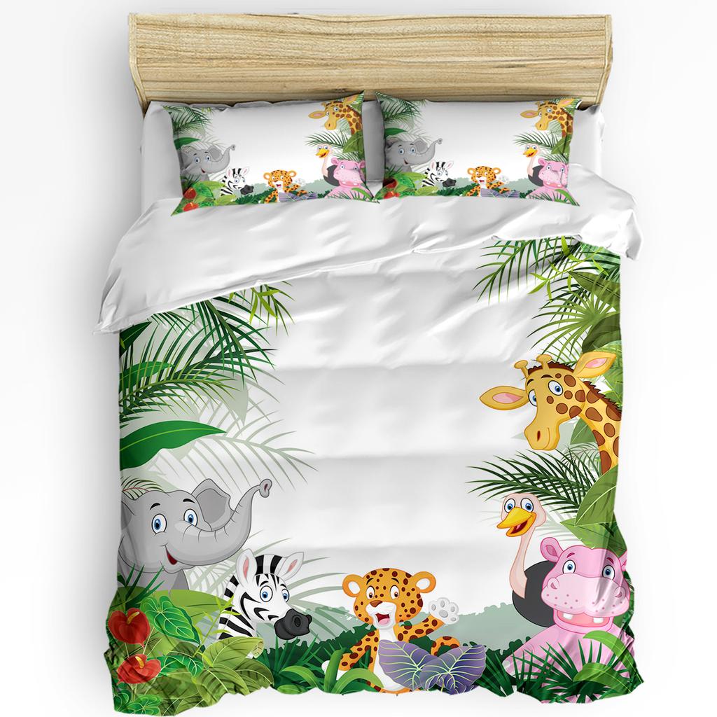 Tropical Jungle Cartoon Animal Giraffe Lion Elephant Duvet Cover Pillow Case Bedding Set Quilt Cover Double Bed Home Textile