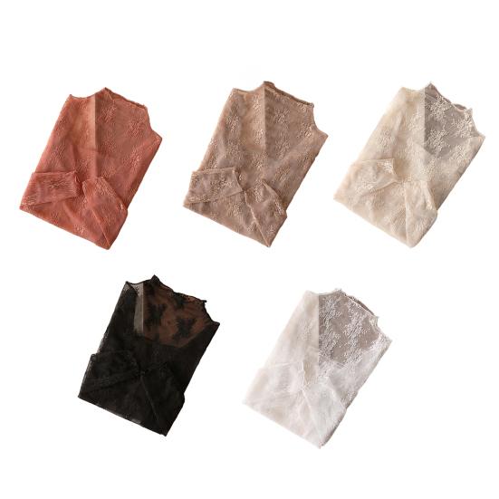 Women Lace Shirt Half High Collar Long Sleeve See-through Embroidery Lace Flower Pattern Tops Sexy Bottom Tops