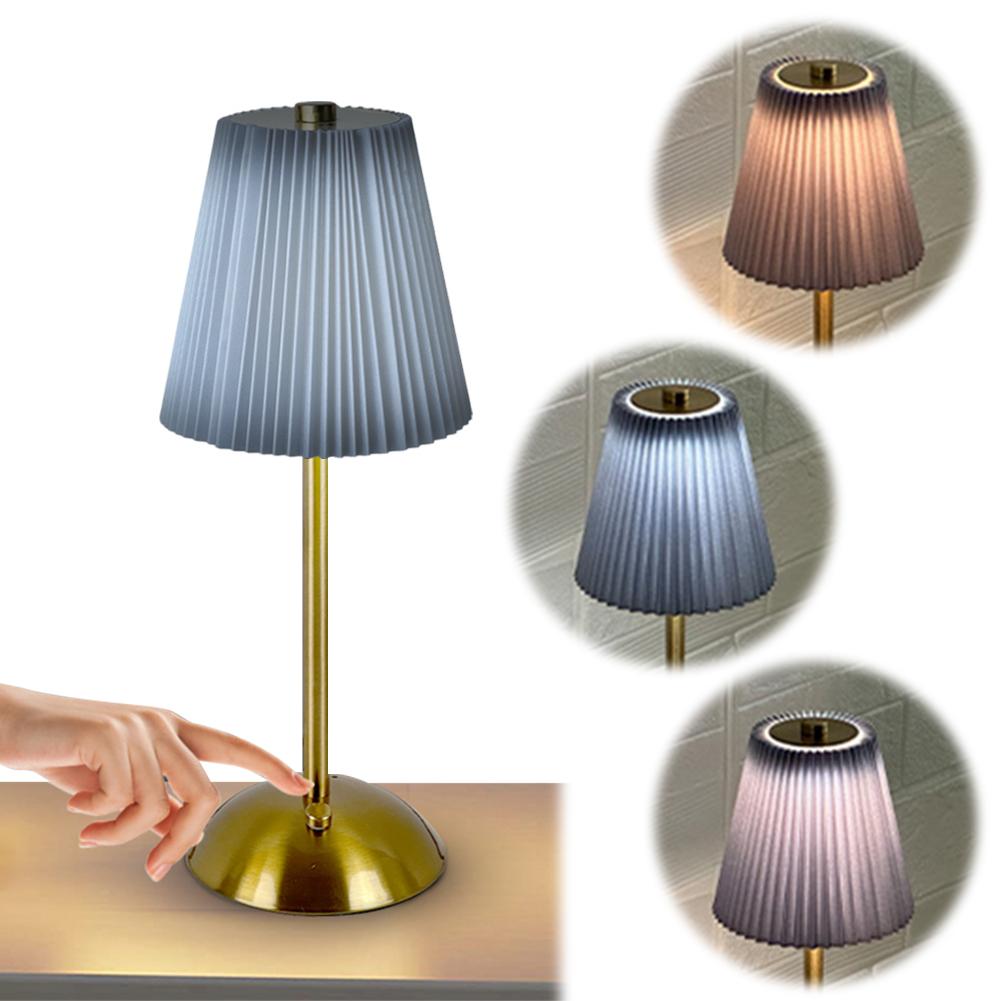 Cordless Table Lamp Small Night Light 3 Light Colors Simple Reading Light with Pleated Lampshade for Restaurant Bar Coffee Shop